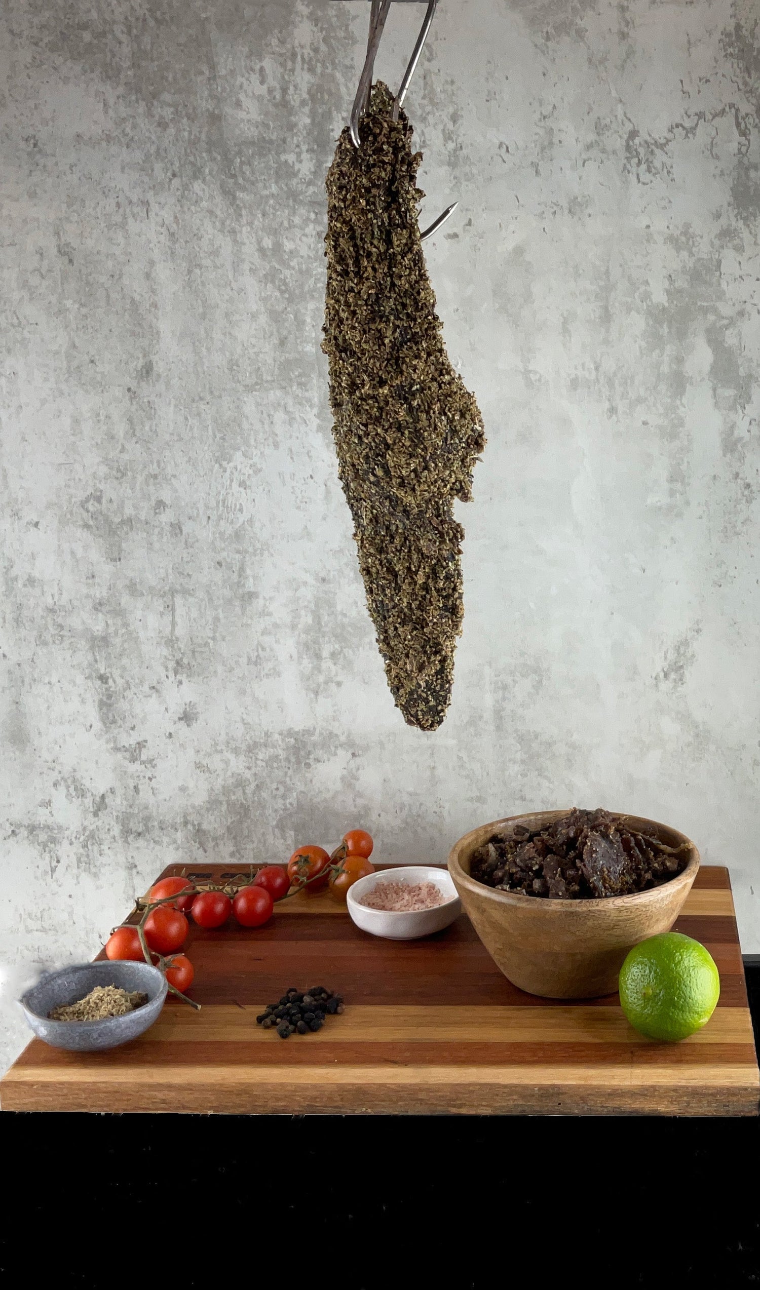 The image shows a package of biltong, a popular South African dried meat snack.